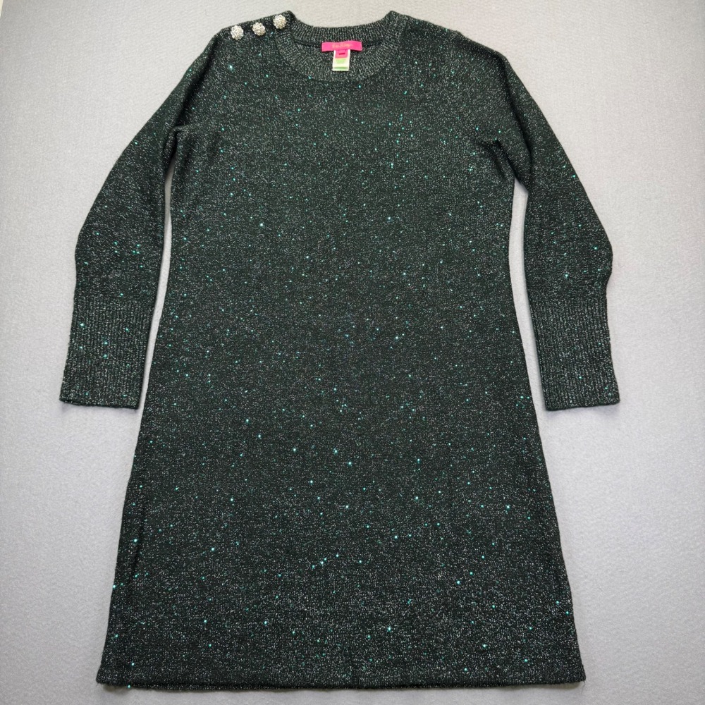 Lilly Pulitzer XL Green Metallic Sequin Sparkle Sweater Dress Crystal Buttons